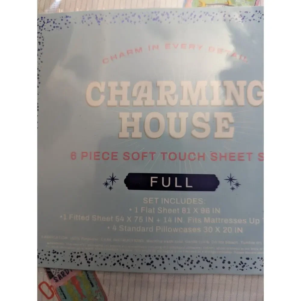 Charming House Full Sheet Set 6 Pc Sardine Tin Can Print Blue White Oeko Tex New